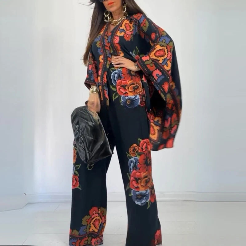 2024Ethnic Vintage Fashion Loose Printed Shirts Pants Sets Elegant Women Batwing Long Sleeve Single Breasted Shirt Wide Leg Pant