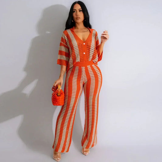 Striped Knitted Pants Set Women 2 Piece Outfit Elegant Hollow Out Button Up V-neck Top and Wide Leg Pants Matching Sets Birthday