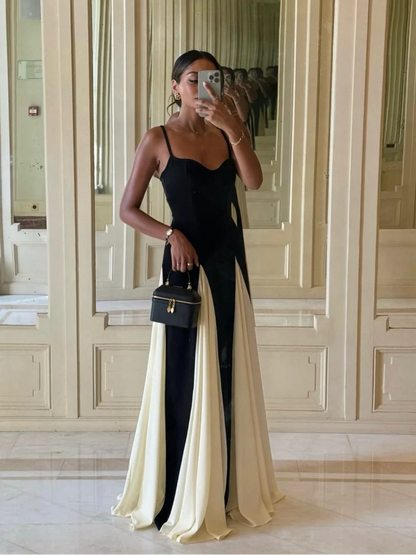 Fashion Gauze Contrasting Color Strap Maxi Dress For Women Elegant Backless Sleeveless High Waist Vestidos Chic Lady Party Robes