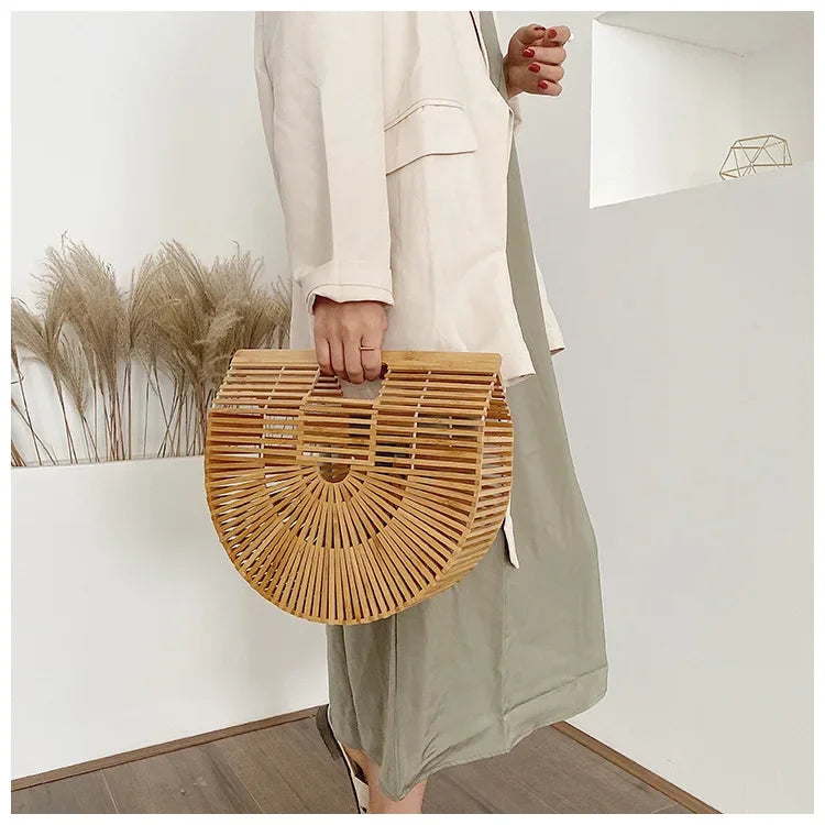 Women's Handmade Bamboo Basket Half-round Outdoor Beach Travel Handbag Fashion Designer Top-Handle Bags Retro Braided Bamboo Bag