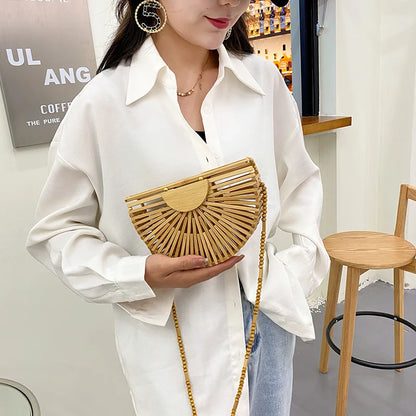 Fashion Half Moon Wooden Shoulder Crossbody Bags for Women Bamboo Woven Summer Beach Straw Bag Rattan Small Phone Purse Mini Sac