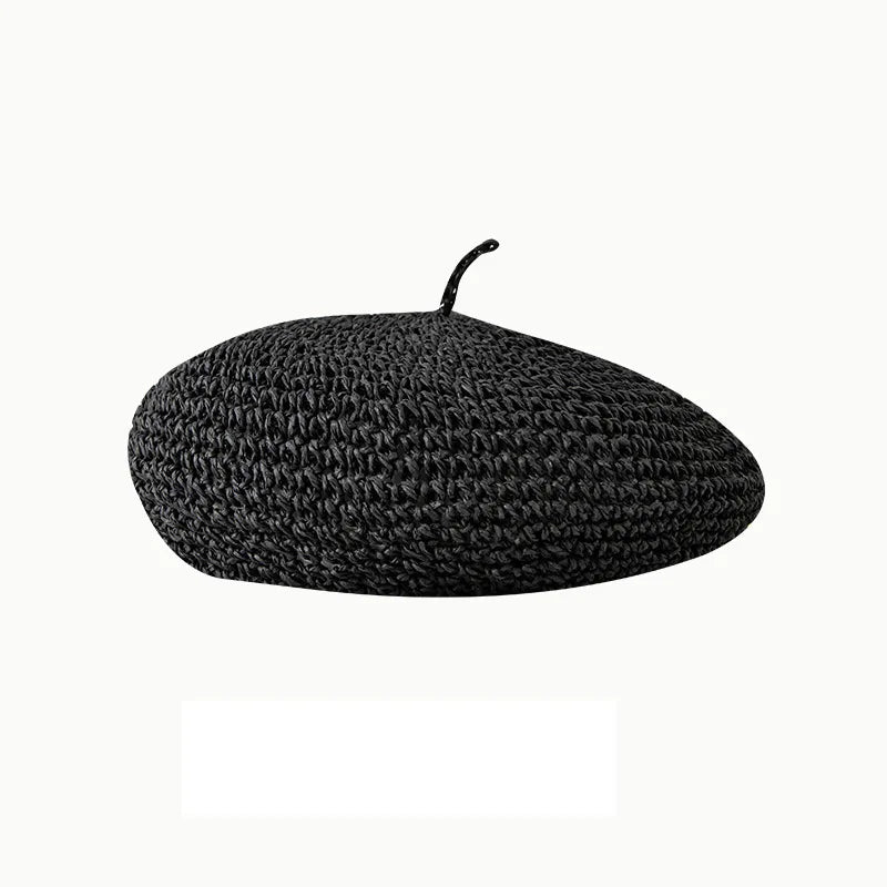 Summer Hat  Breathable Handmade Crochet Berets Caps for Women Fashion Mushroon Hat Black Straw Beret for Girl Bonnet