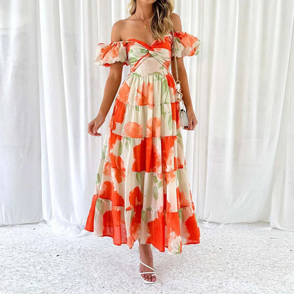 New Hollow Out Puff Sleeve Fashion Maxi Dress, Women Summer Patchwork Print Party Dress, V-Neck Beach Style Ruffles Ladies Dress