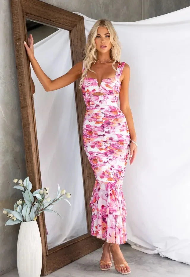 Ladies Summer Floral Print New Fashion Evening Party Dress Women Sleeveless Backless Maxi Dresses Birthday Clubwear Fall Outfits