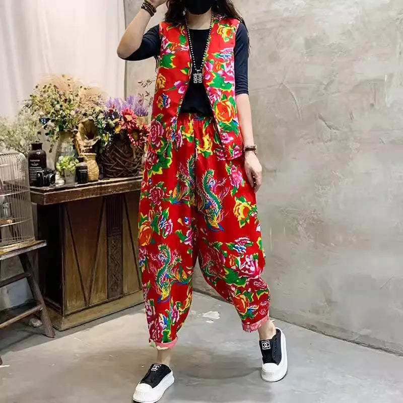 Mom's Set Trendy Ethnic Style Northeast Big Flower Clothing Peony Printed Fashion 2 Piece Large Size Vest And Pants Outfit Z4812