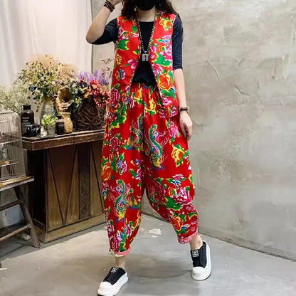 Mom's Set Trendy Ethnic Style Northeast Big Flower Clothing Peony Printed Fashion 2 Piece Large Size Vest And Pants Outfit Z4812