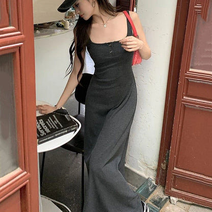 Rimocy Sexy Black Squre Collar Long Dress Women Summer Spaghetti Strap Beach Dresses Woman 2024 Buttons Sleeveless Maxi Sundress