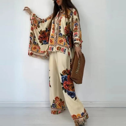 2024Ethnic Vintage Fashion Loose Printed Shirts Pants Sets Elegant Women Batwing Long Sleeve Single Breasted Shirt Wide Leg Pant