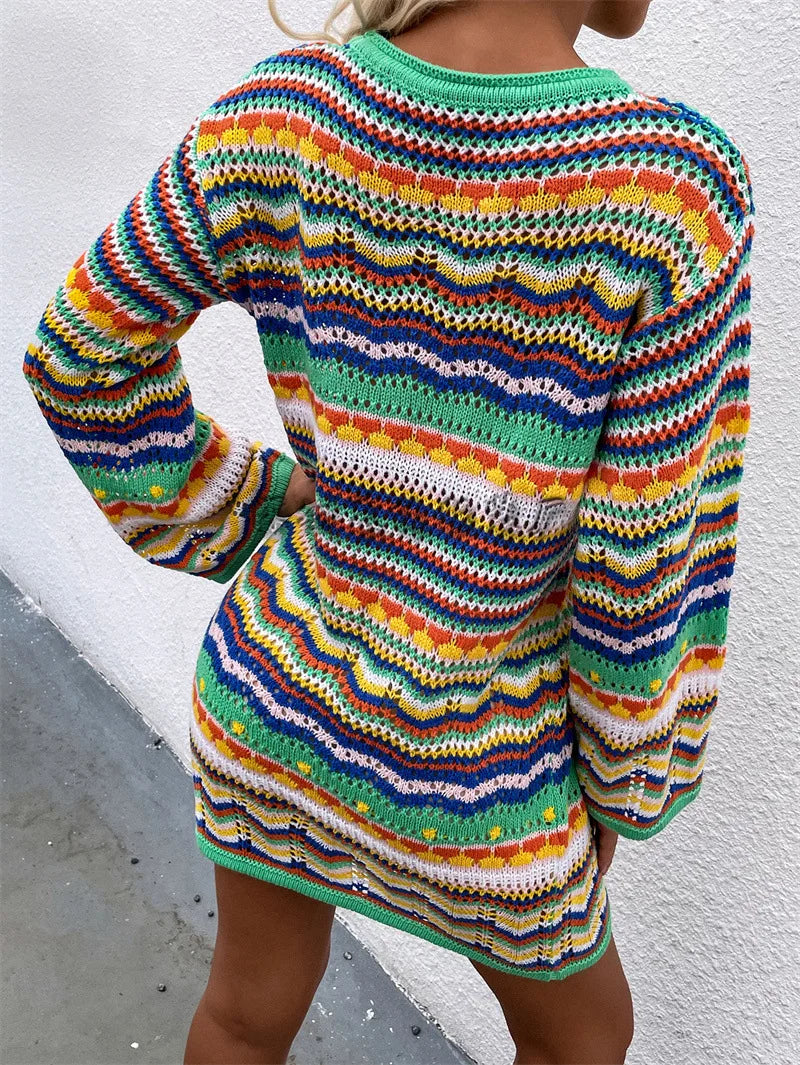 Rainbow Stripes Knitted Dresses Women Fashion Temperament Hollow Out Long Sleeve Pullover Sweater Dress Female Autumn Winter New