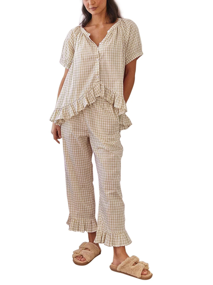 Women Y2k Plaid 2 Piece Pajama Set Tie Front Puff Sleeve Babydoll Shirt Gingham Pants Pj Lounge Set Sleepwear