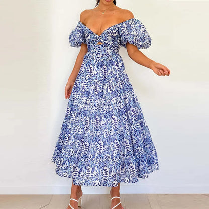 V-Neck Short Puff Sleeve Fashion Party Dress, Women Summer Printing Patchwork Loungewear Dress, Hollow Out Elegant Ladies Dress