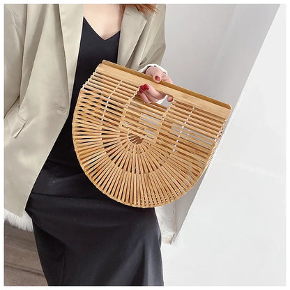 Women's Handmade Bamboo Basket Half-round Outdoor Beach Travel Handbag Fashion Designer Top-Handle Bags Retro Braided Bamboo Bag