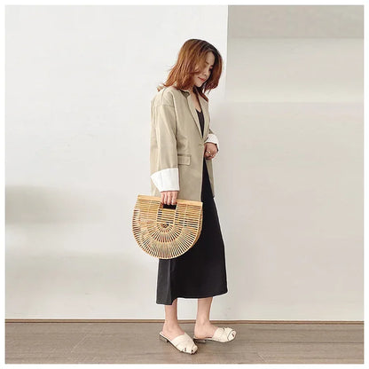 Women's Handmade Bamboo Basket Half-round Outdoor Beach Travel Handbag Fashion Designer Top-Handle Bags Retro Braided Bamboo Bag