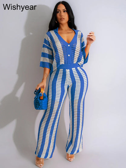 Summer Hollow Stripe Vacation Outfit for Women's Sexy Beach Lapel V Neck Half Sleeves Shirts and Wide Leg Pants Two 2 Piece Sets