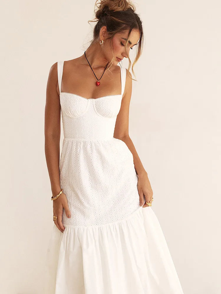 Mozision Elegant White Spaghetti Strap Midi Dress For Women Fashion Strapless Sleeveless Backless A-line Club Party Dress