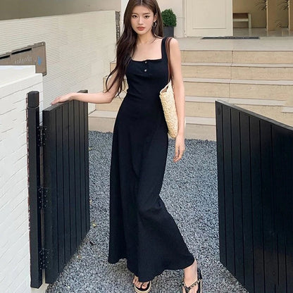 Rimocy Sexy Black Squre Collar Long Dress Women Summer Spaghetti Strap Beach Dresses Woman 2024 Buttons Sleeveless Maxi Sundress