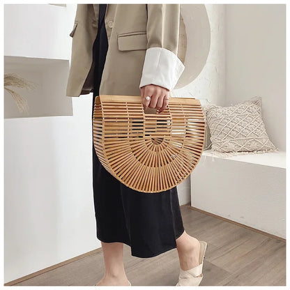 Women's Handmade Bamboo Basket Half-round Outdoor Beach Travel Handbag Fashion Designer Top-Handle Bags Retro Braided Bamboo Bag