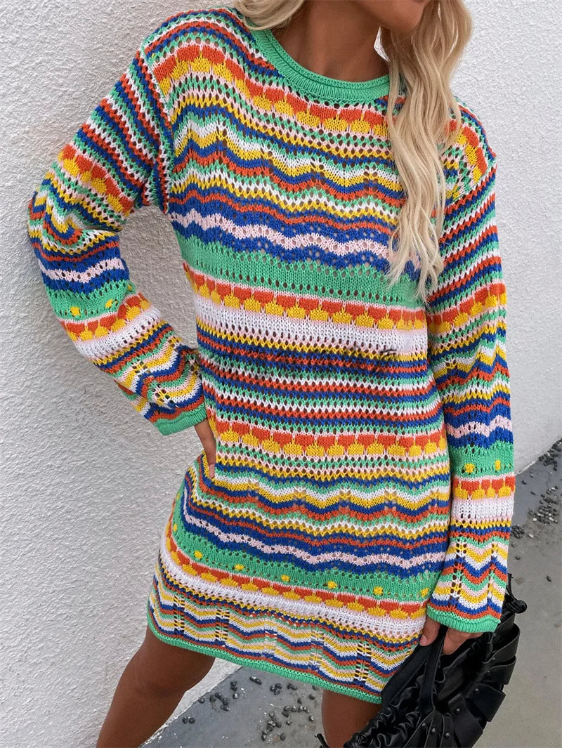 Rainbow Stripes Knitted Dresses Women Fashion Temperament Hollow Out Long Sleeve Pullover Sweater Dress Female Autumn Winter New