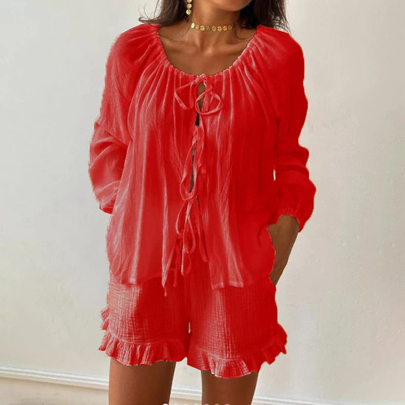 Loungewear 2 Piece Outfits Vintage Front Lacing Up Scoop Neck Long Sleeve Blouse Shirt Tops + Ruffled Shorts Women Pajama Set