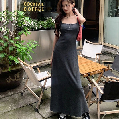 Rimocy Sexy Black Squre Collar Long Dress Women Summer Spaghetti Strap Beach Dresses Woman 2024 Buttons Sleeveless Maxi Sundress