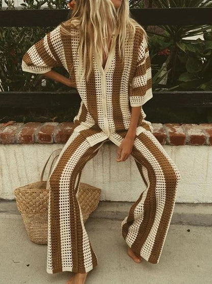 Striped Knit V-Neck Hollow Out Button Top And Wide Leg Pants Women 2PCS Suits Loungewear Holiday Summer Ladies Sexy Matching Set