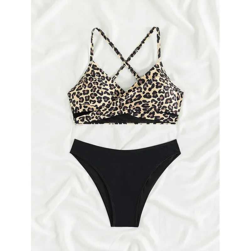 Sexy leopard print cross bikini set 2024 women halter push up black high waist swimsuit summer bathing suit two piece swimwear