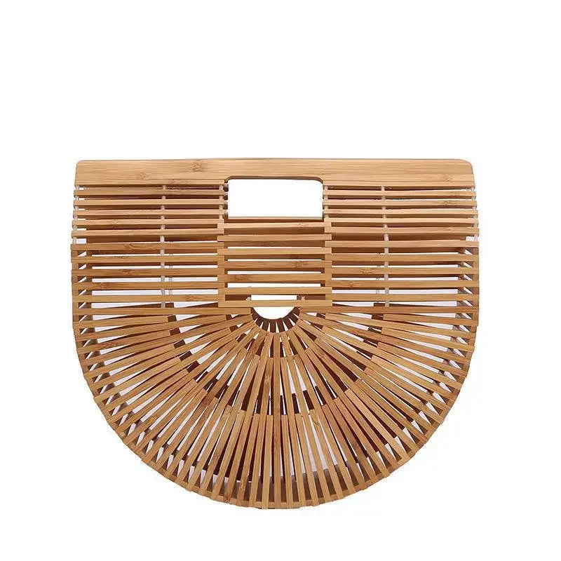 Women's Handmade Bamboo Basket Half-round Outdoor Beach Travel Handbag Fashion Designer Top-Handle Bags Retro Braided Bamboo Bag