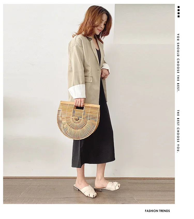 Women's Handmade Bamboo Basket Half-round Outdoor Beach Travel Handbag Fashion Designer Top-Handle Bags Retro Braided Bamboo Bag