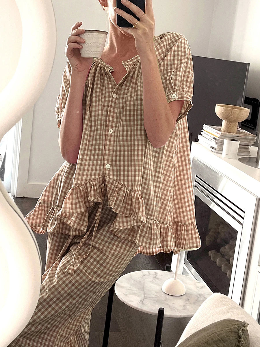 Women Y2k Plaid 2 Piece Pajama Set Tie Front Puff Sleeve Babydoll Shirt Gingham Pants Pj Lounge Set Sleepwear