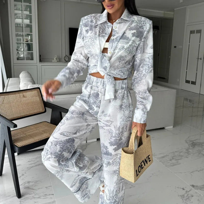 Elegant Women Ink Print Two Piece Pants Set Chic Y2K Tracksuit 2024 Sport Streetwear Outfits Loose Shirt Top Wide Leg Pants Suit