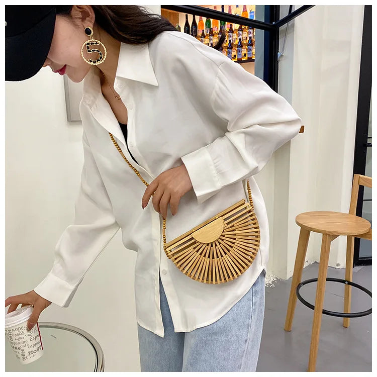 Fashion Half Moon Wooden Shoulder Crossbody Bags for Women Bamboo Woven Summer Beach Straw Bag Rattan Small Phone Purse Mini Sac