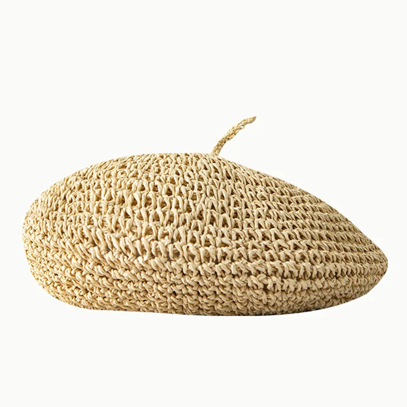 Summer Hat  Breathable Handmade Crochet Berets Caps for Women Fashion Mushroon Hat Black Straw Beret for Girl Bonnet