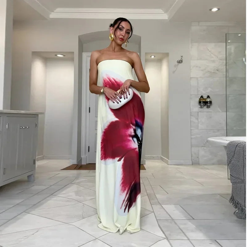 2025 New Floral Printed Strapless Loose Robes Women Sexy Off Shoulder Sleeveless Backless Maxi Dress Fashion Lady Party Vestidos