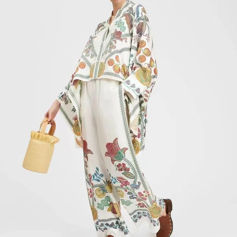 Spring Summer Pattern Printed Loose Suit Women's Vintage Irregular Outfit Fashion O Neck Batwing Sleeve Top with Long Pants Set