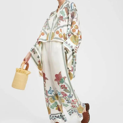 Spring Summer Pattern Printed Loose Suit Women's Vintage Irregular Outfit Fashion O Neck Batwing Sleeve Top with Long Pants Set