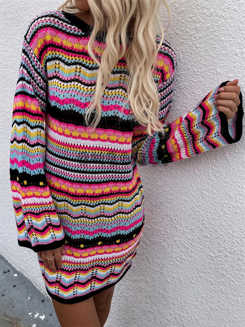 Rainbow Stripes Knitted Dresses Women Fashion Temperament Hollow Out Long Sleeve Pullover Sweater Dress Female Autumn Winter New