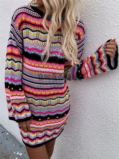 Rainbow Stripes Knitted Dresses Women Fashion Temperament Hollow Out Long Sleeve Pullover Sweater Dress Female Autumn Winter New