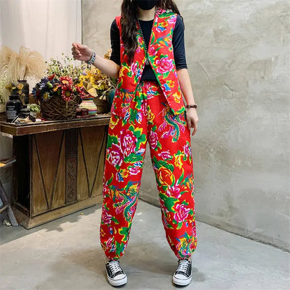 Mom's Set Trendy Ethnic Style Northeast Big Flower Clothing Peony Printed Fashion 2 Piece Large Size Vest And Pants Outfit Z4812