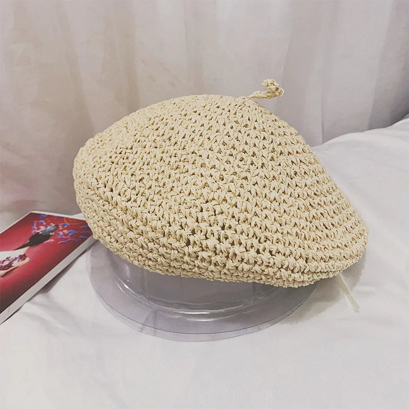 Summer Hat  Breathable Handmade Crochet Berets Caps for Women Fashion Mushroon Hat Black Straw Beret for Girl Bonnet