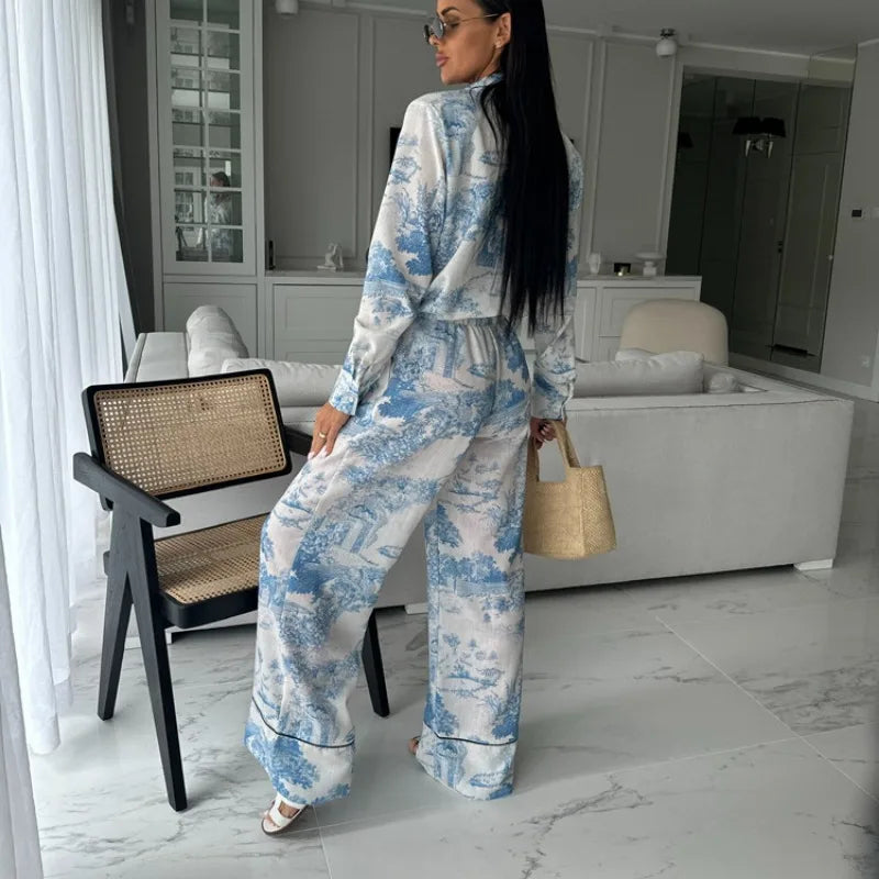 Elegant Women Ink Print Two Piece Pants Set Chic Y2K Tracksuit 2024 Sport Streetwear Outfits Loose Shirt Top Wide Leg Pants Suit