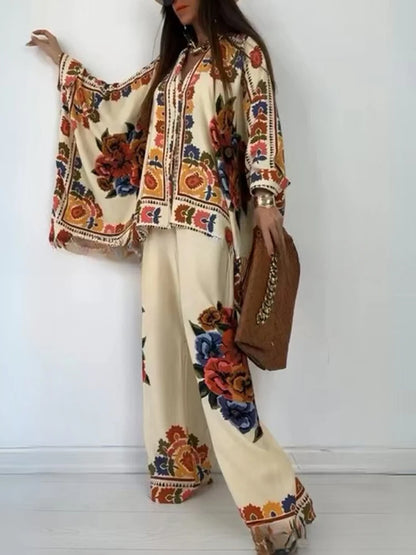 2024Ethnic Vintage Fashion Loose Printed Shirts Pants Sets Elegant Women Batwing Long Sleeve Single Breasted Shirt Wide Leg Pant