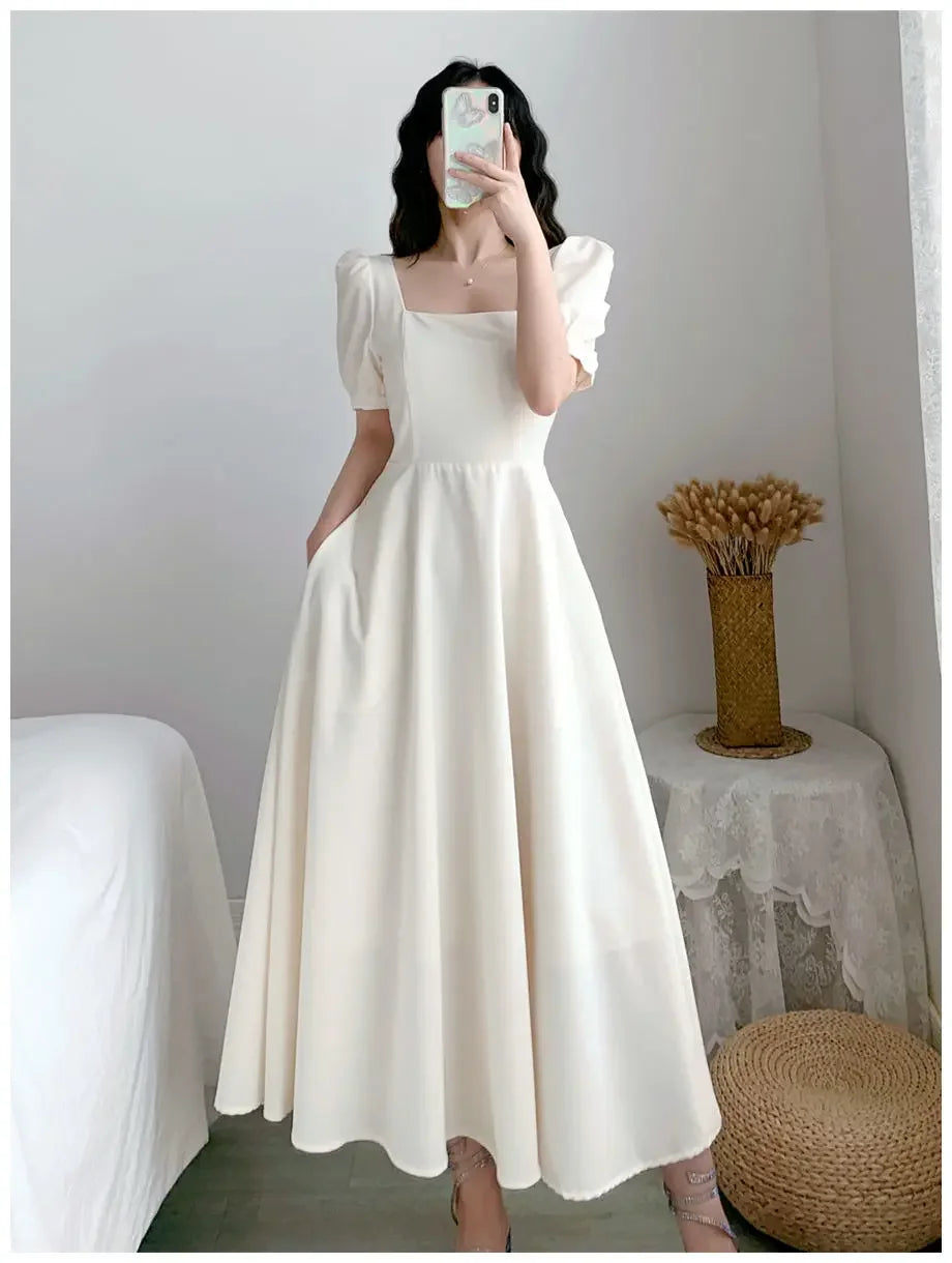 Slim Fit Women White Dress Bubble Sleeve Square Neck Light Wind Style Long Skirt Summer Casual Korean Style