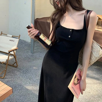 Rimocy Sexy Black Squre Collar Long Dress Women Summer Spaghetti Strap Beach Dresses Woman 2024 Buttons Sleeveless Maxi Sundress