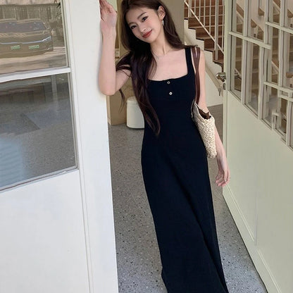 Rimocy Sexy Black Squre Collar Long Dress Women Summer Spaghetti Strap Beach Dresses Woman 2024 Buttons Sleeveless Maxi Sundress