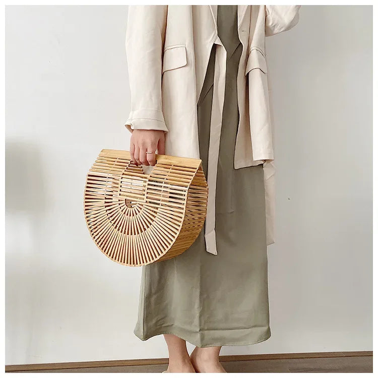 Women's Handmade Bamboo Basket Half-round Outdoor Beach Travel Handbag Fashion Designer Top-Handle Bags Retro Braided Bamboo Bag