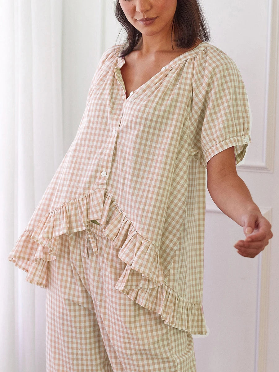 Women Y2k Plaid 2 Piece Pajama Set Tie Front Puff Sleeve Babydoll Shirt Gingham Pants Pj Lounge Set Sleepwear