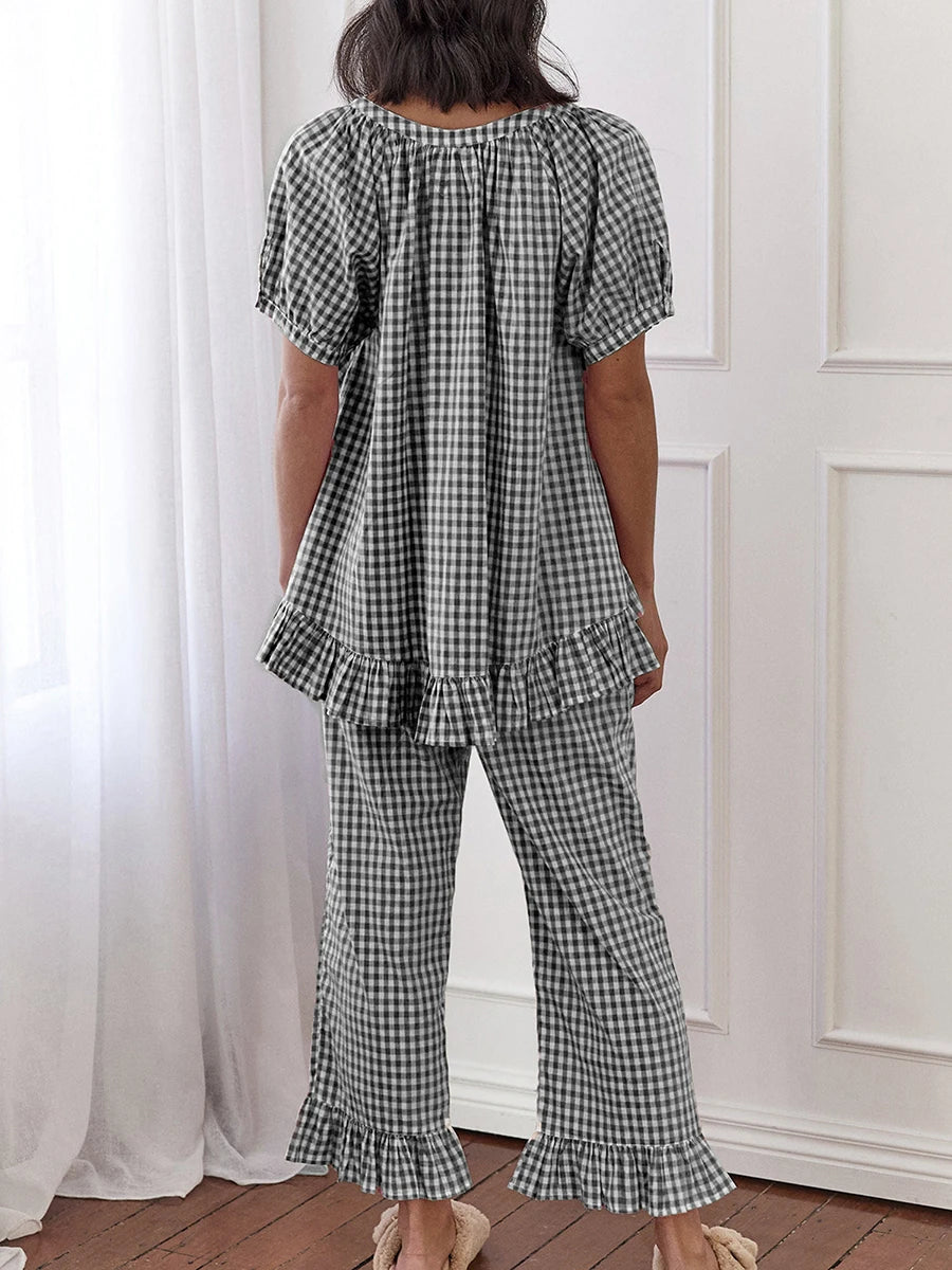 Women Y2k Plaid 2 Piece Pajama Set Tie Front Puff Sleeve Babydoll Shirt Gingham Pants Pj Lounge Set Sleepwear