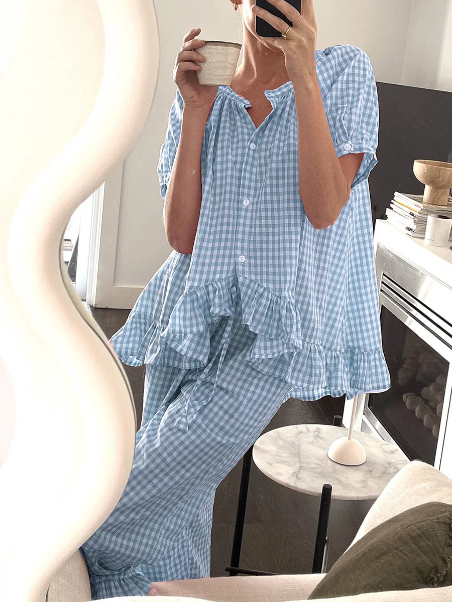 Women Y2k Plaid 2 Piece Pajama Set Tie Front Puff Sleeve Babydoll Shirt Gingham Pants Pj Lounge Set Sleepwear