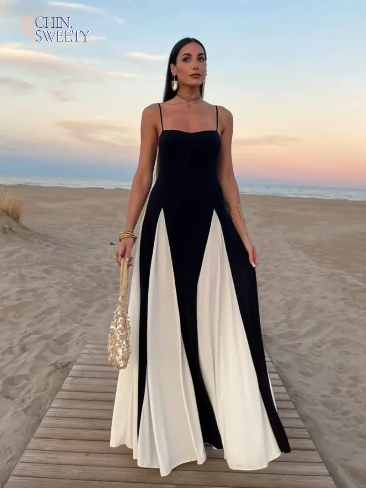 Fashion Gauze Contrasting Color Strap Maxi Dress For Women Elegant Backless Sleeveless High Waist Vestidos Chic Lady Party Robes