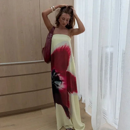 2025 New Floral Printed Strapless Loose Robes Women Sexy Off Shoulder Sleeveless Backless Maxi Dress Fashion Lady Party Vestidos